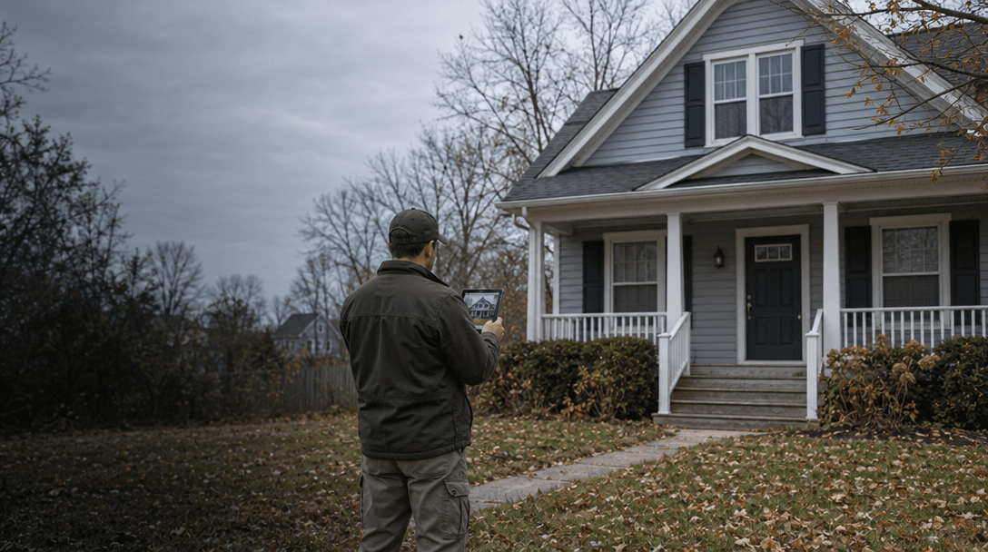 A field inspector documenting the exterior of a single-family home